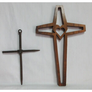 VTG Lot/2 Nail & Wood Heart Cross Crucifix Primitive Wall Hanging Religious 9.5"